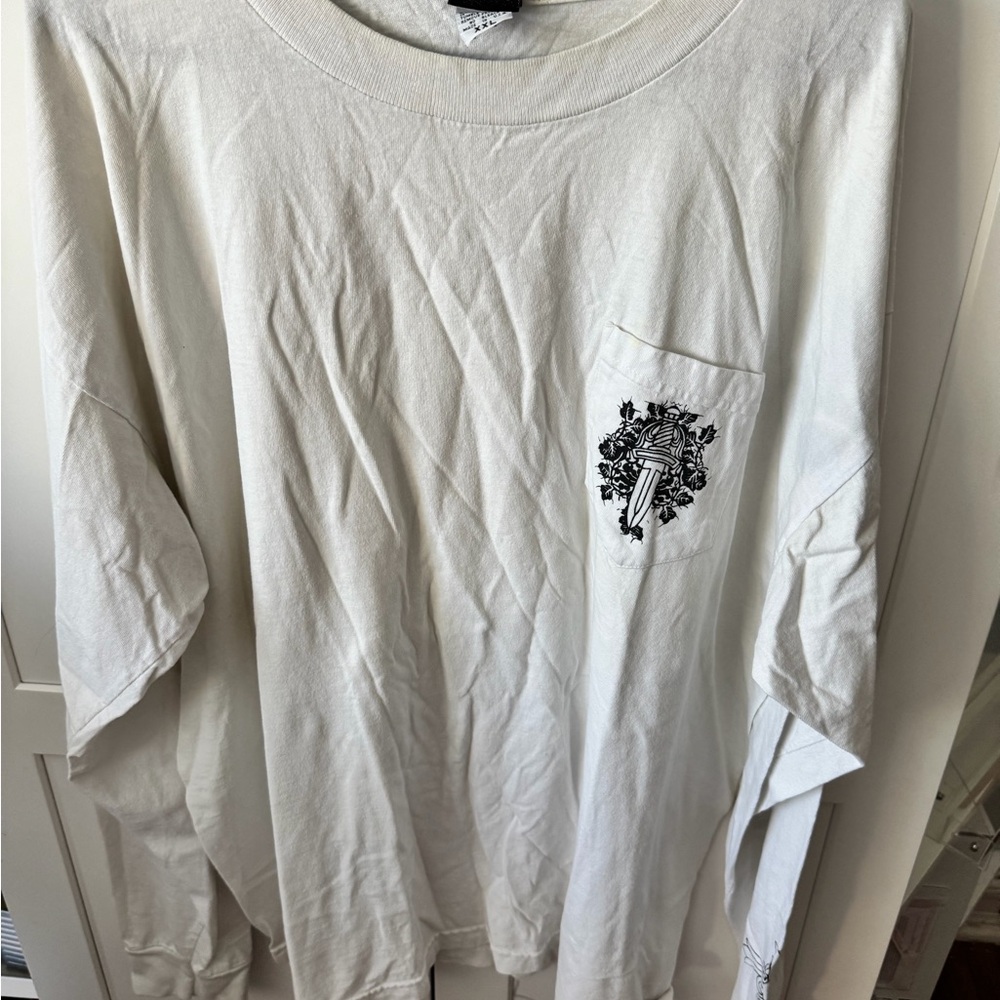 White Long-Sleeve Pocket T-Shirt with Black Dagger Graphic